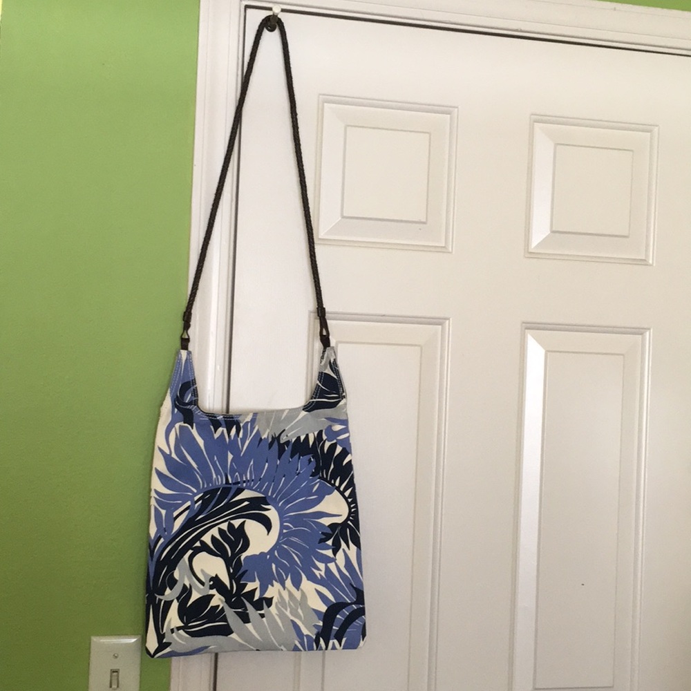 J Crew cotton bag with woven leather strap